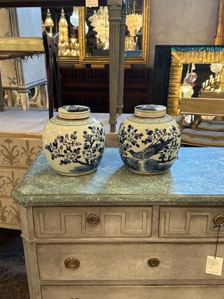 Jolie paire de pots à gingembre en porcelaine chinoise bleue et blanche du début du 20e siècle. Avec des images florales et des oiseaux.  Un bel accessoire !