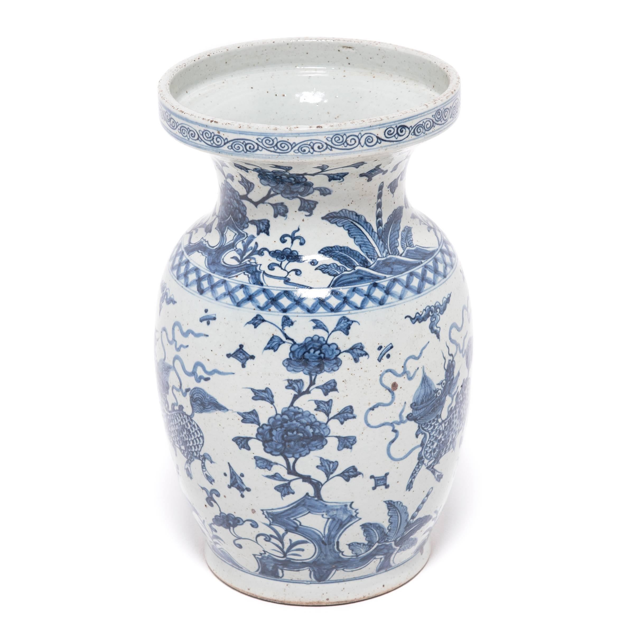 Glazed Pair of Chinese Blue and White Qilin Vases, c. 1900 For Sale
