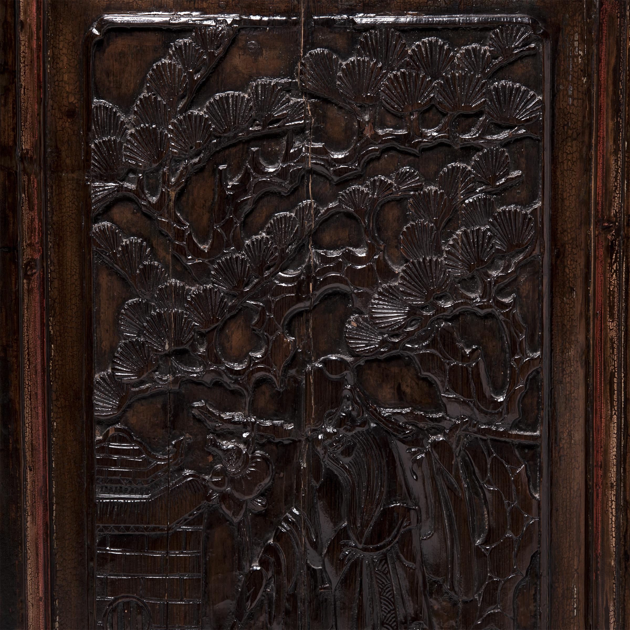 Qing Pair of Chinese Carved Doors with Glass Window Panels, c. 1900 For Sale