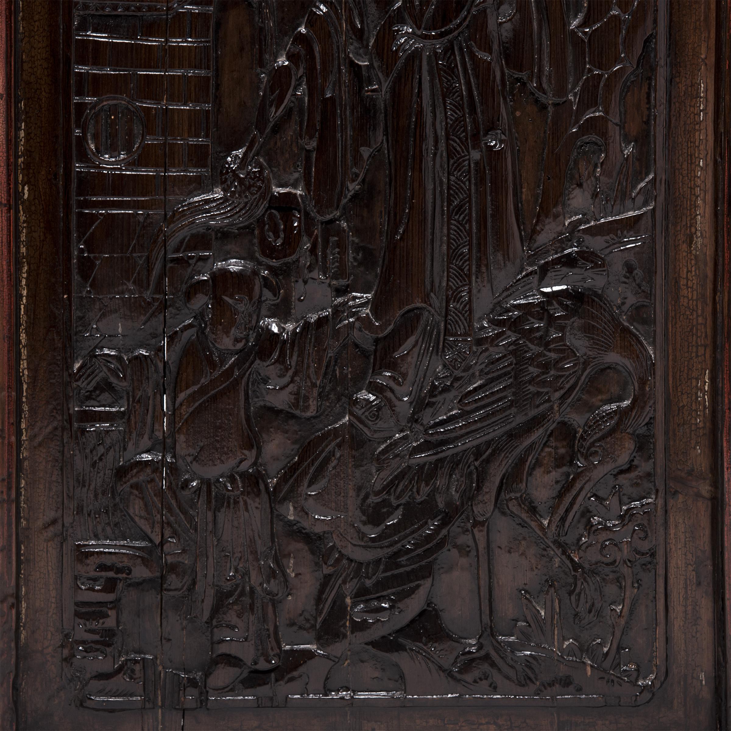 Hand-Carved Pair of Chinese Carved Doors with Glass Window Panels, c. 1900 For Sale