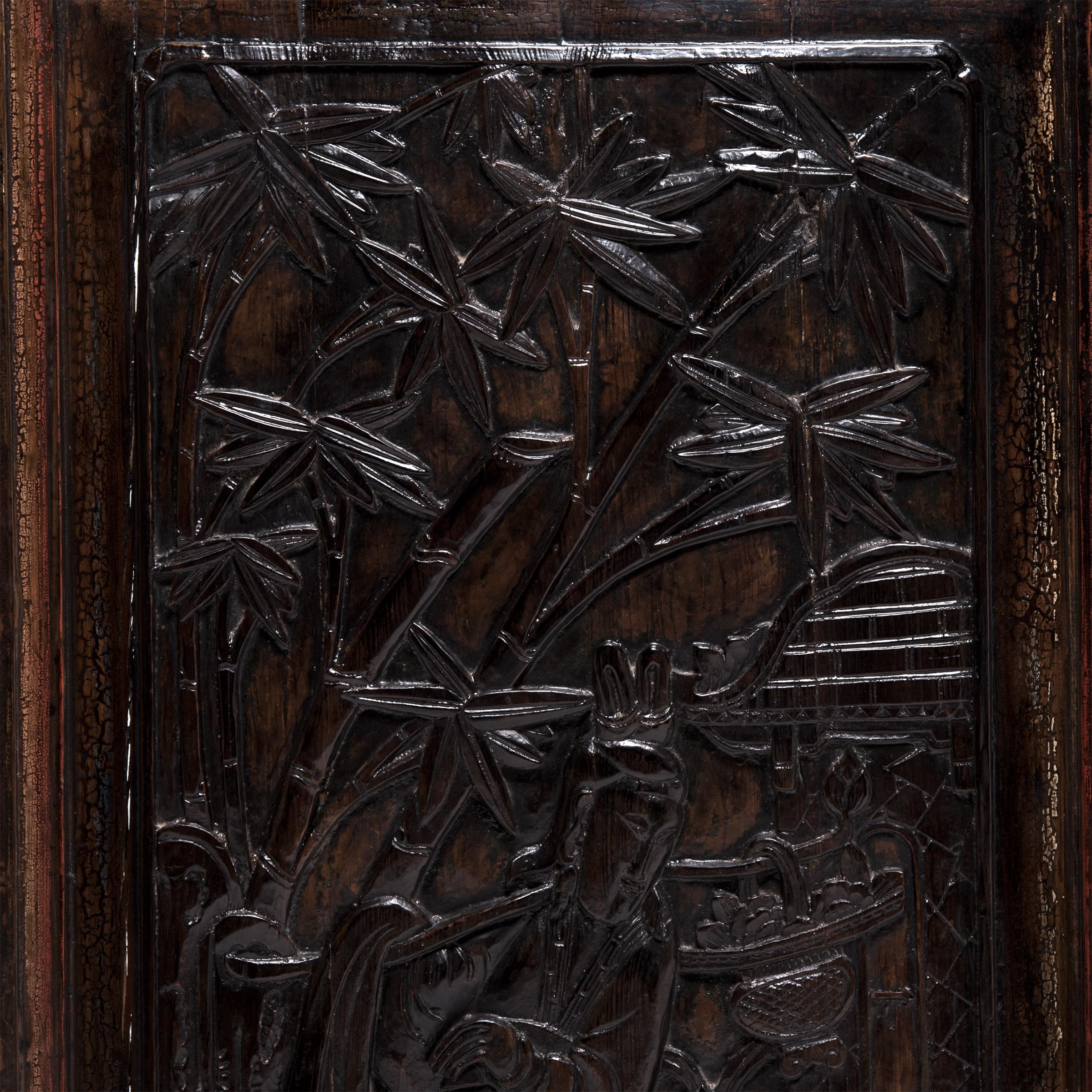 20th Century Pair of Chinese Carved Doors with Glass Window Panels, c. 1900