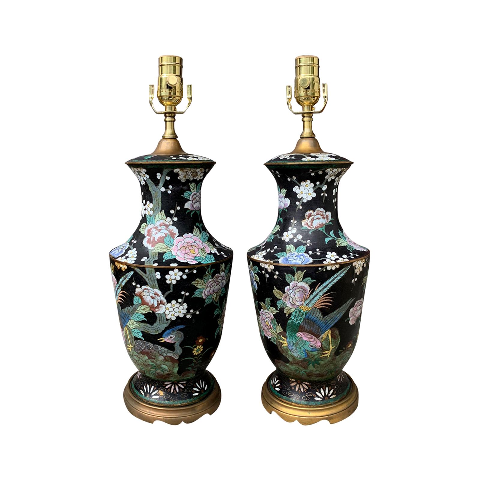 Pair of Early 20th Century Chinese Cloisonne Enamel Lamps For Sale at