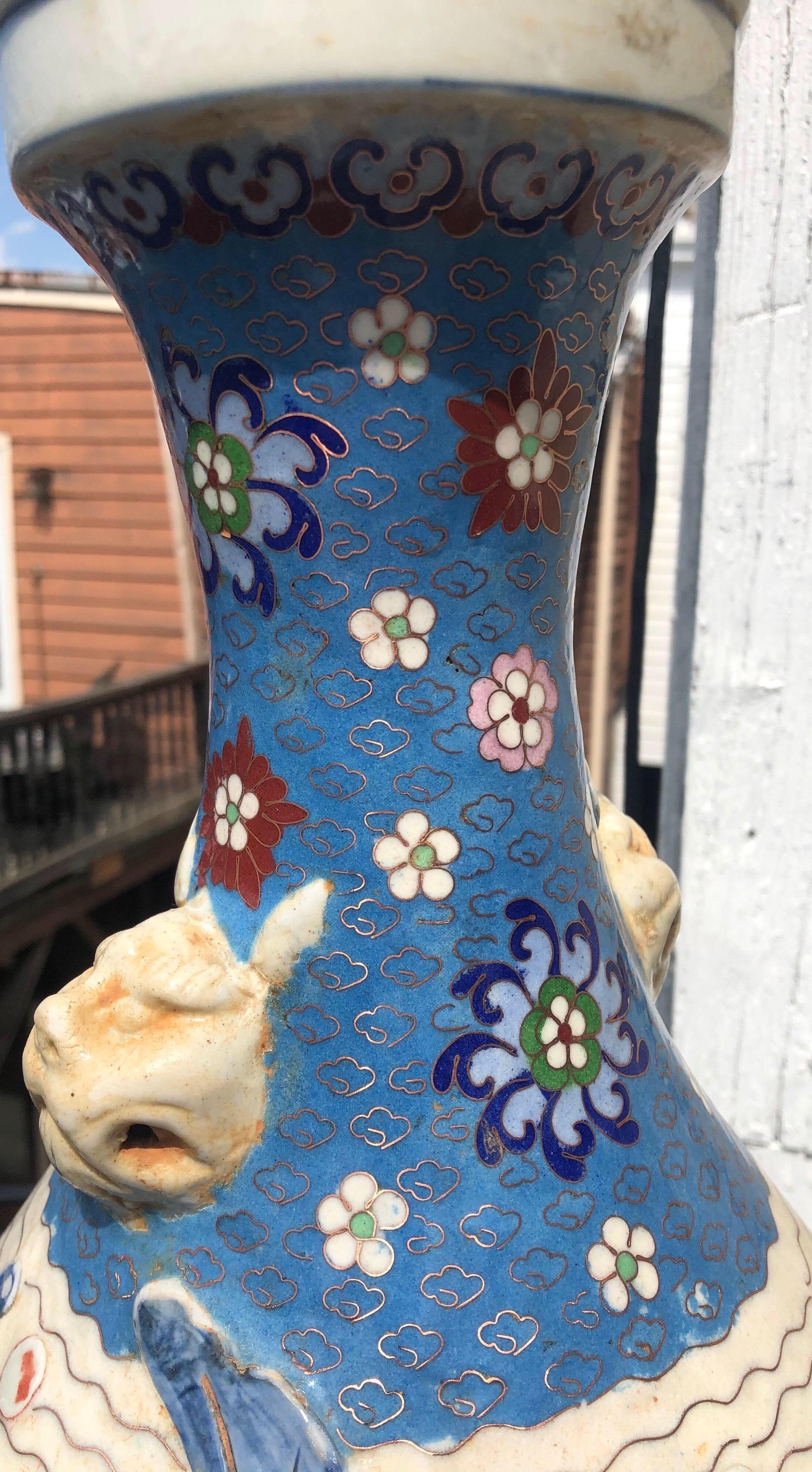 Pair of early 20th Century Chinese Cloisonne Vases with Fish In Good Condition For Sale In Charleston, SC