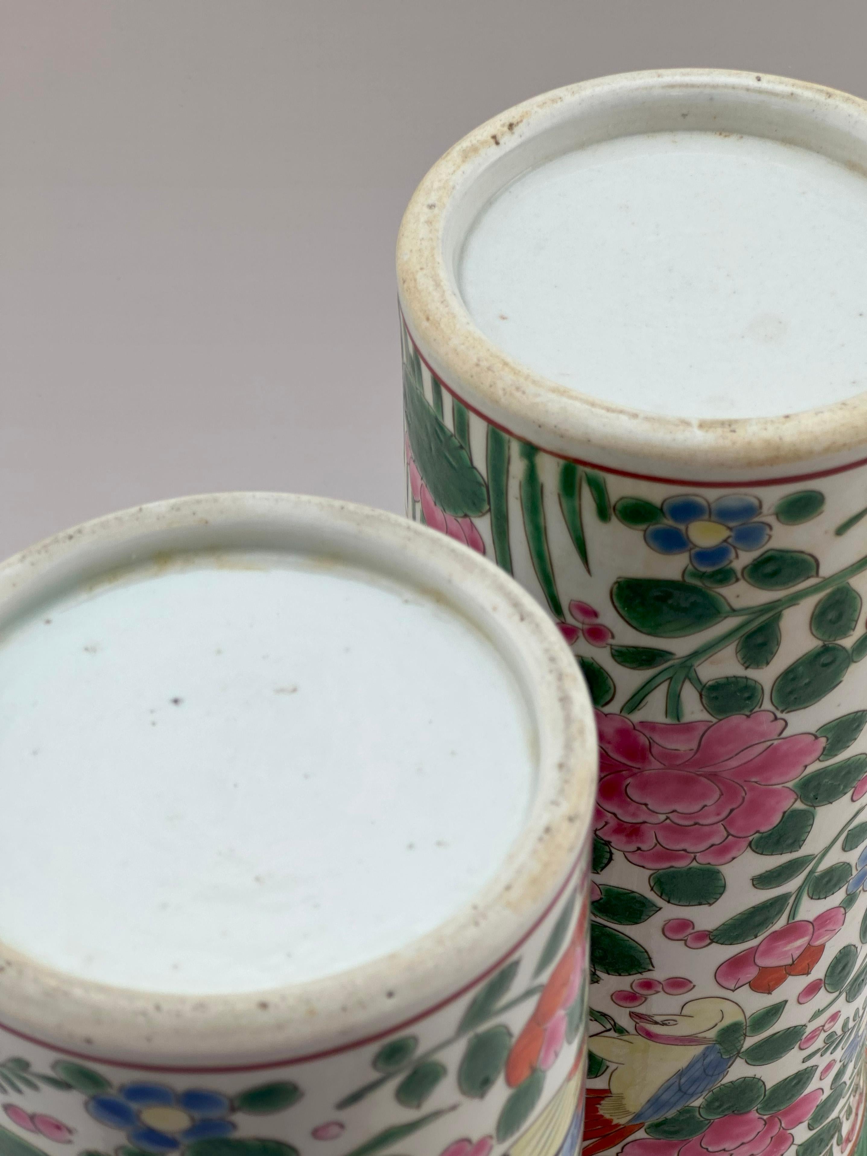 Pair of Early 20th Century Chinese Export Porcelain Famille Rose Spill Vases For Sale 1