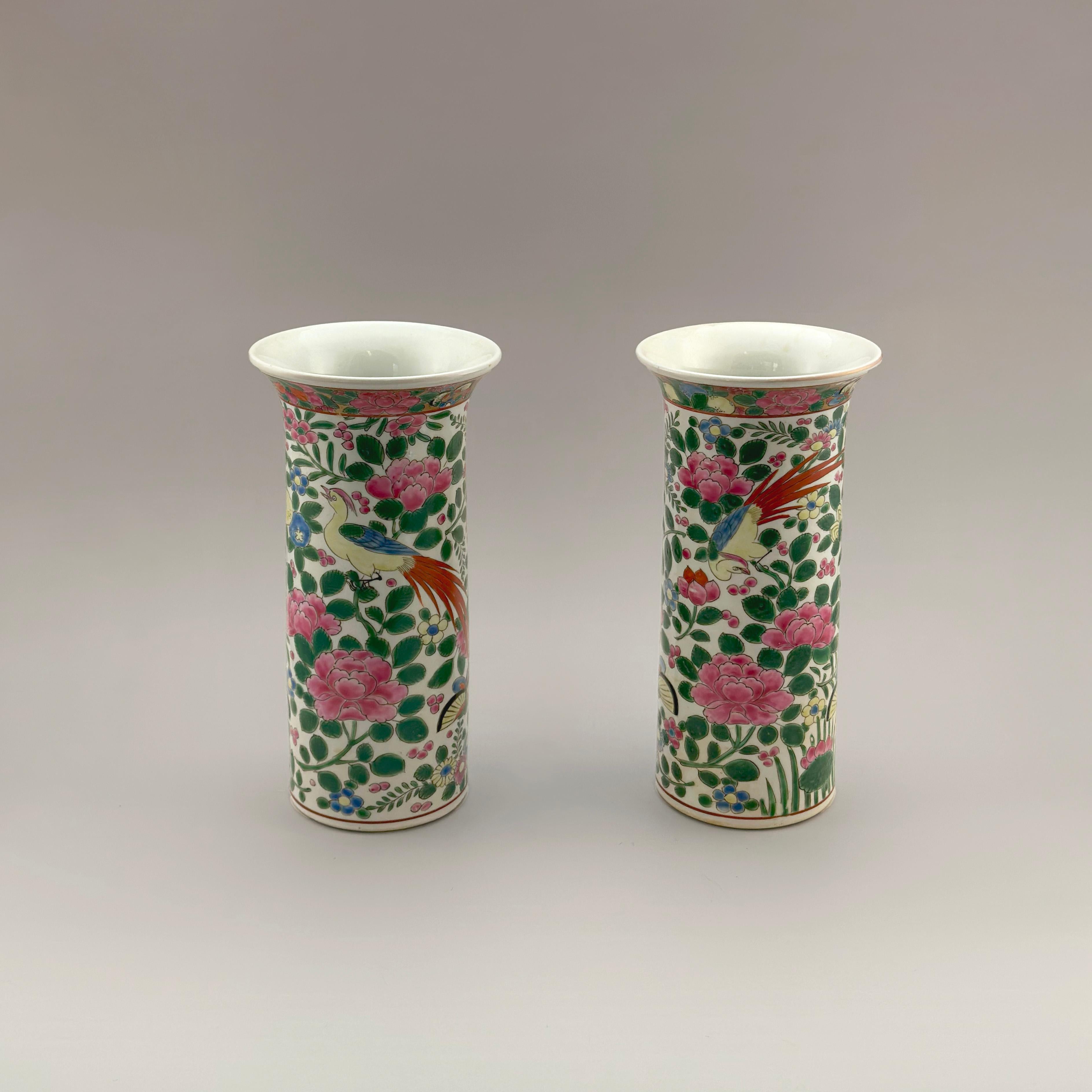 Pair of Early 20th Century Chinese Export Porcelain Famille Rose Spill Vases For Sale 3