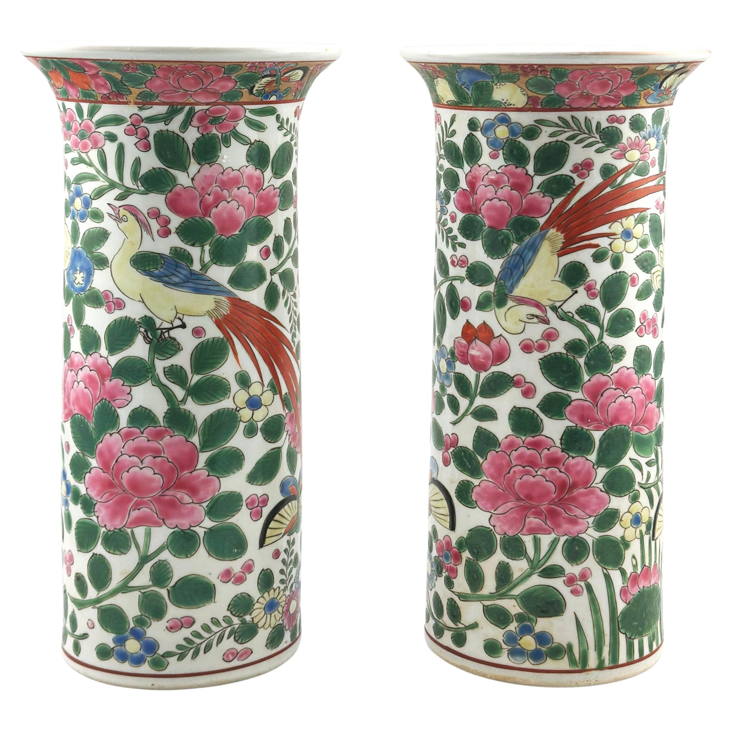 Pair of Early 20th Century Chinese Export Porcelain Famille Rose Spill Vases For Sale