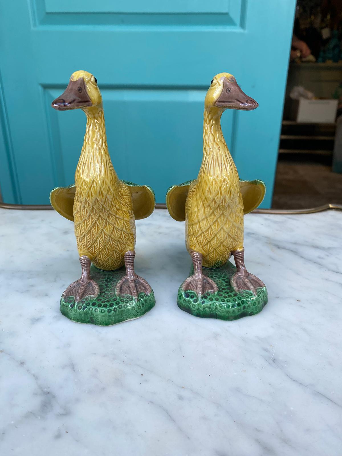 Pair of Early 20th Century Chinese Glazed Ceramic Yellow Ducks, 1 Marked China In Good Condition In Atlanta, GA