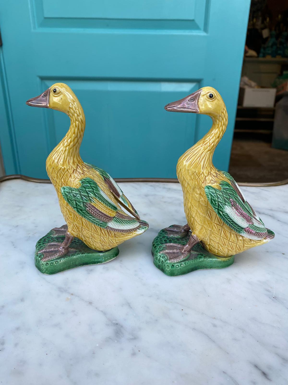 Pair of Early 20th Century Chinese Glazed Ceramic Yellow Ducks, 1 Marked China 1