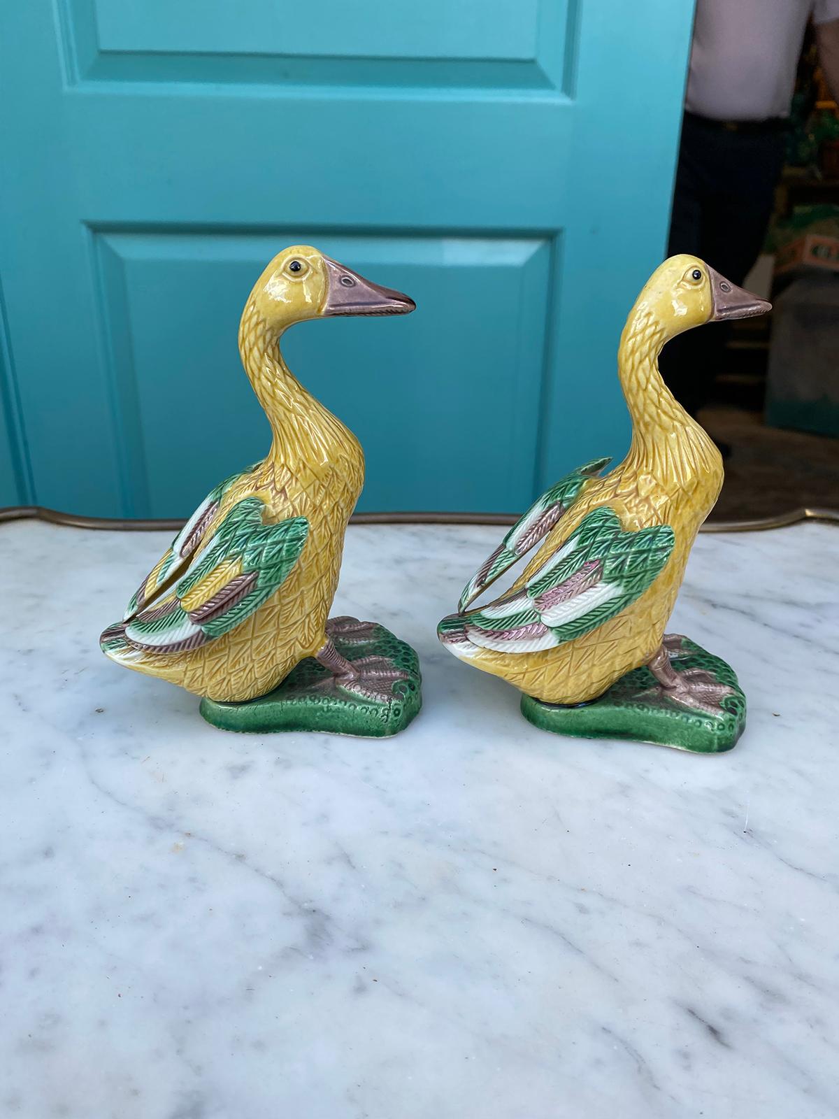 Pair of Early 20th Century Chinese Glazed Ceramic Yellow Ducks, 1 Marked China 3