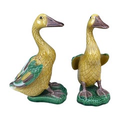 Antique Pair of Early 20th Century Chinese Glazed Ceramic Yellow Ducks, 1 Marked China