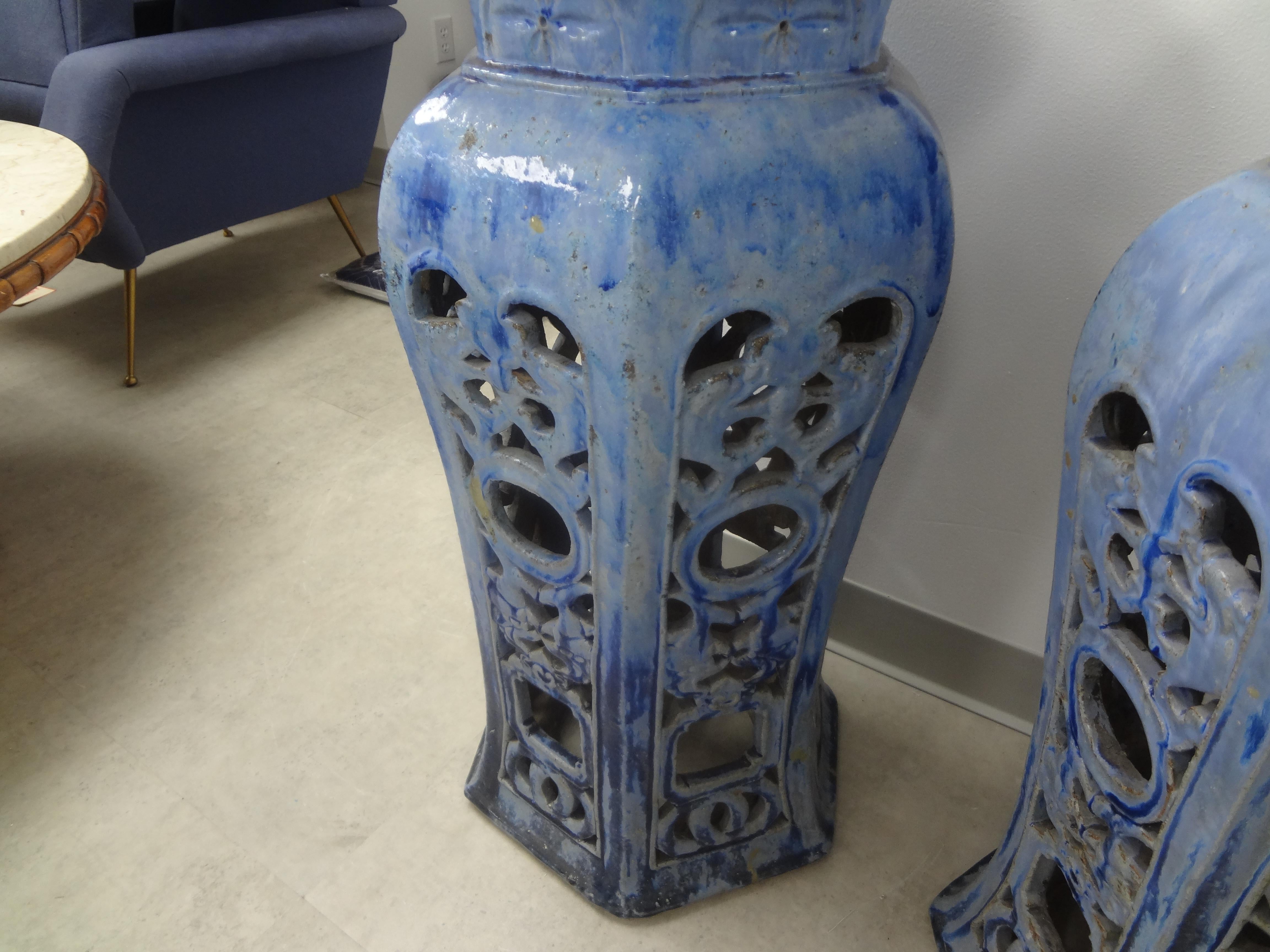 Chinese Export Pair of Early 20th Century Chinese Glazed Terra Cotta Pedestals or Stands For Sale