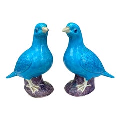 Pair of Early 20th Century Chinese Glazed Turquoise Blue Doves, Both Marked
