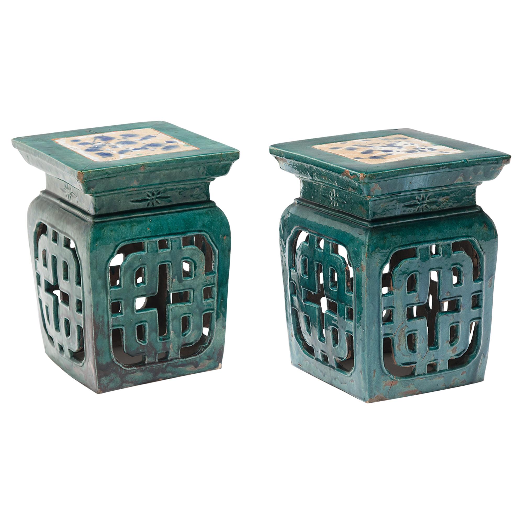Pair of Chinese Green Glazed Garden Seats, c. 1900
