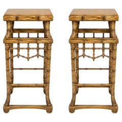 Pair of Early 20th Century Chinese Hand Carved Wood Pedestals Faux Bamboo Style