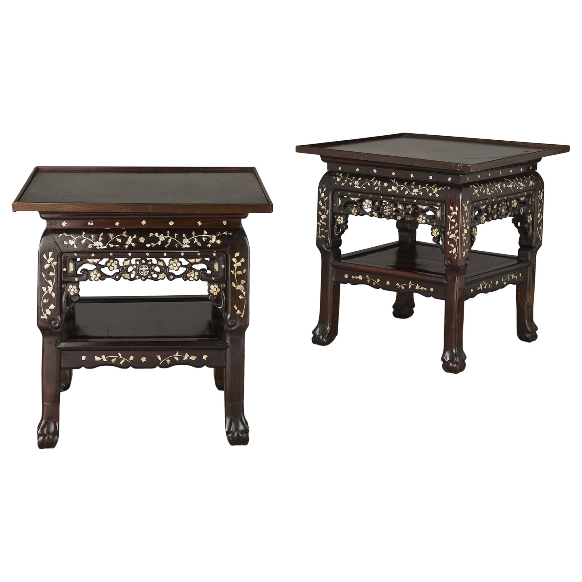 Pair of Early 20th Century Chinese Mother-of-Pearl Inlaid Wooden Stands