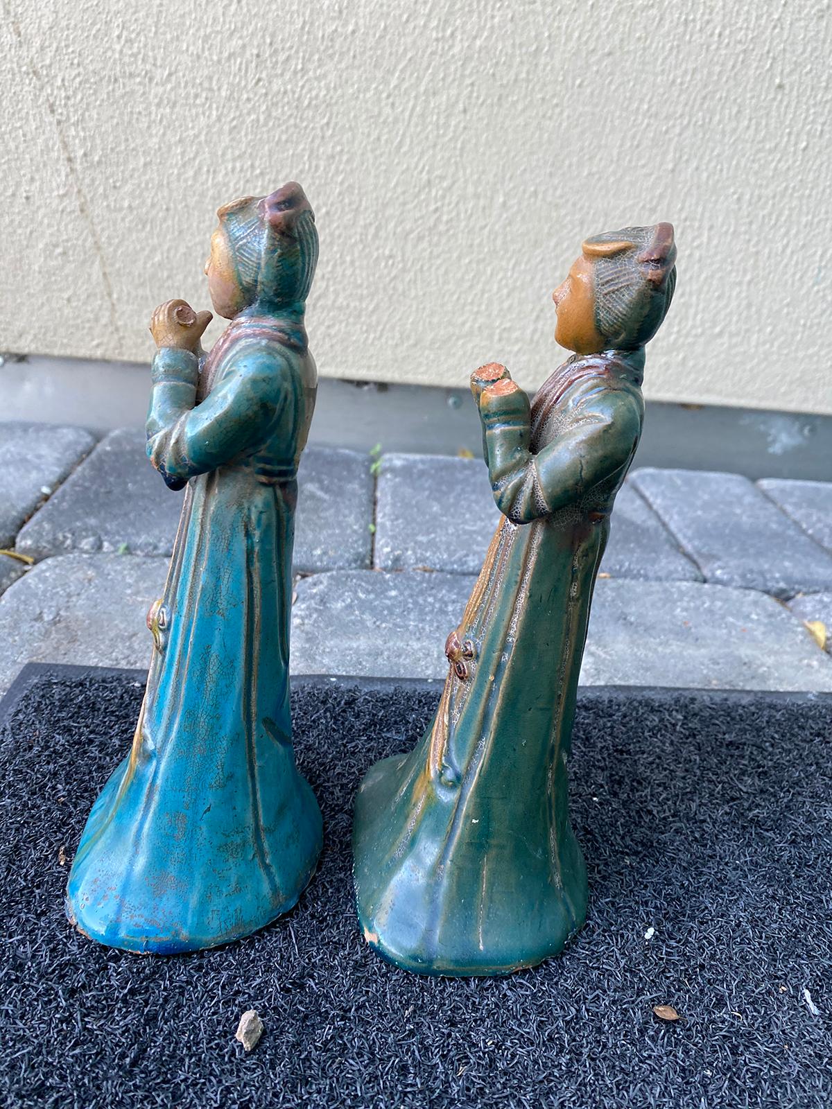 Pair of Early 20th Century Chinese Mud Figures Musicians, Marked China For Sale 1