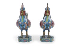 Pair of Early 20th Century Chinese Multi-Colored Cloisonne Rooster Sculptures