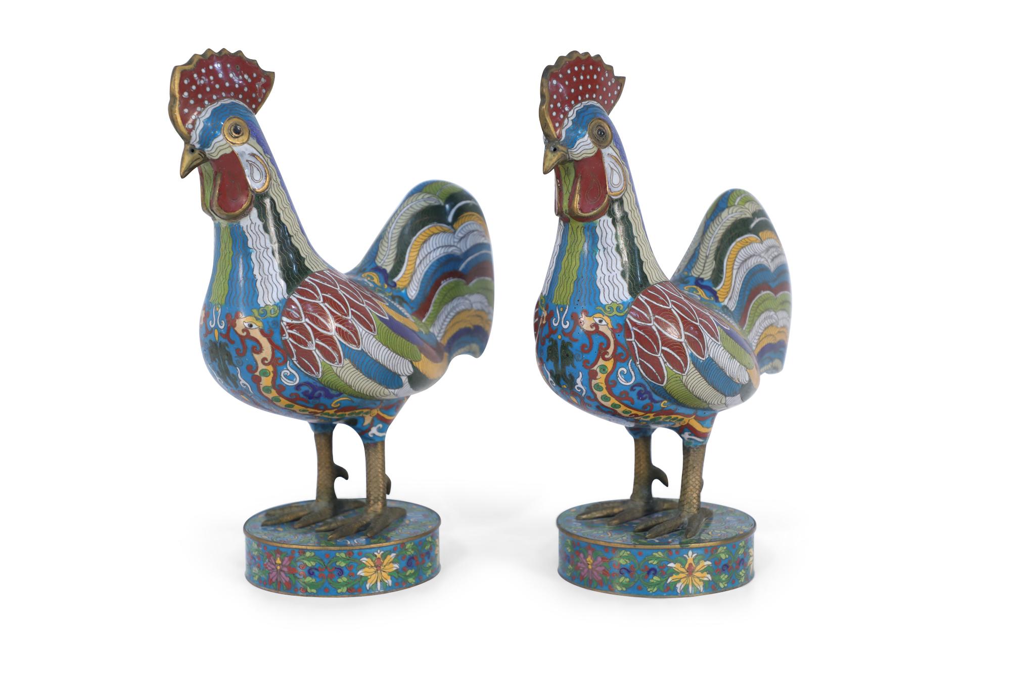 Chinese Export Pair of Early 20th Century Chinese Multi-Colored Cloisonne Rooster Sculptures For Sale