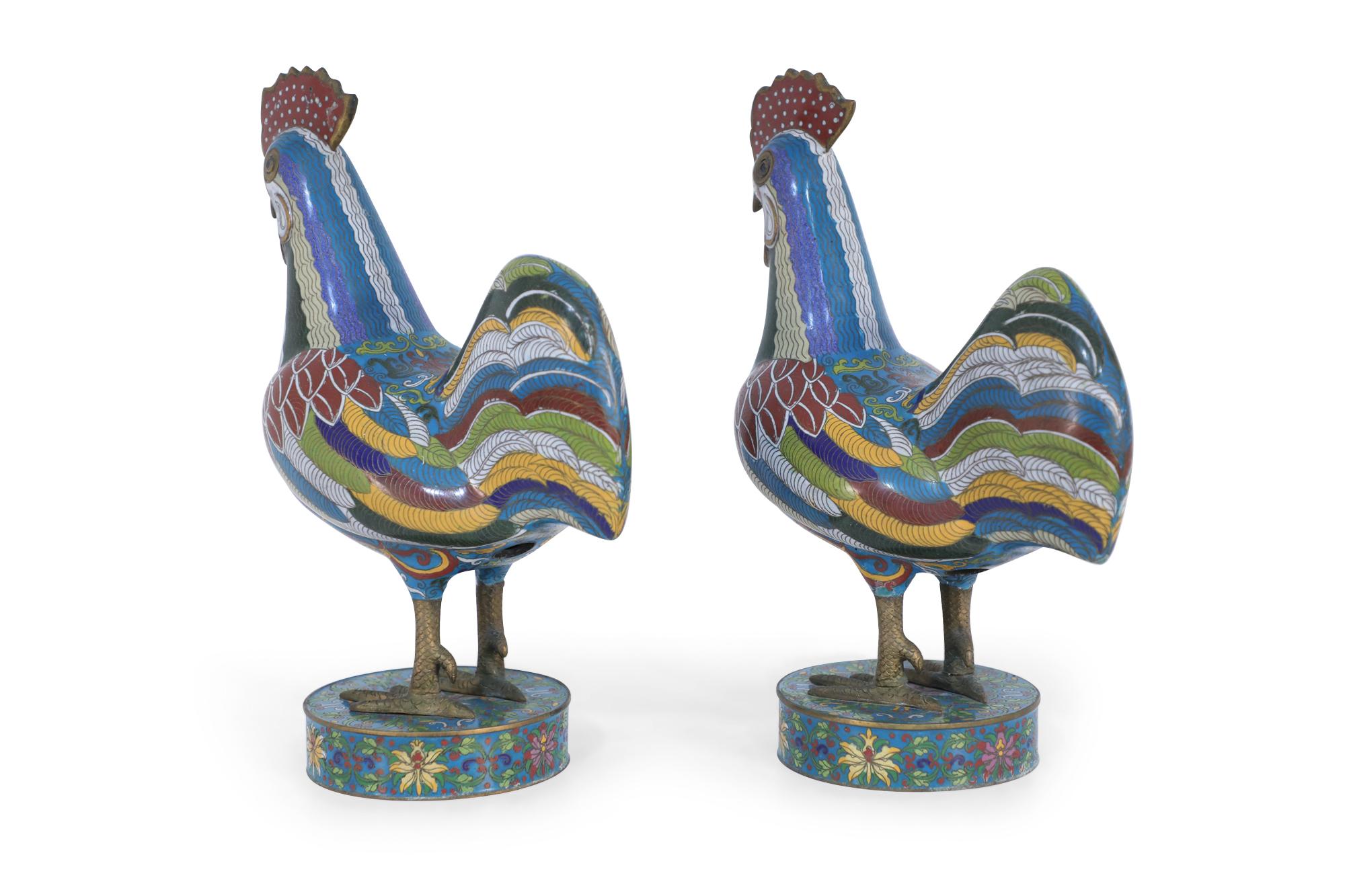 Enamel Pair of Early 20th Century Chinese Multi-Colored Cloisonne Rooster Sculptures For Sale