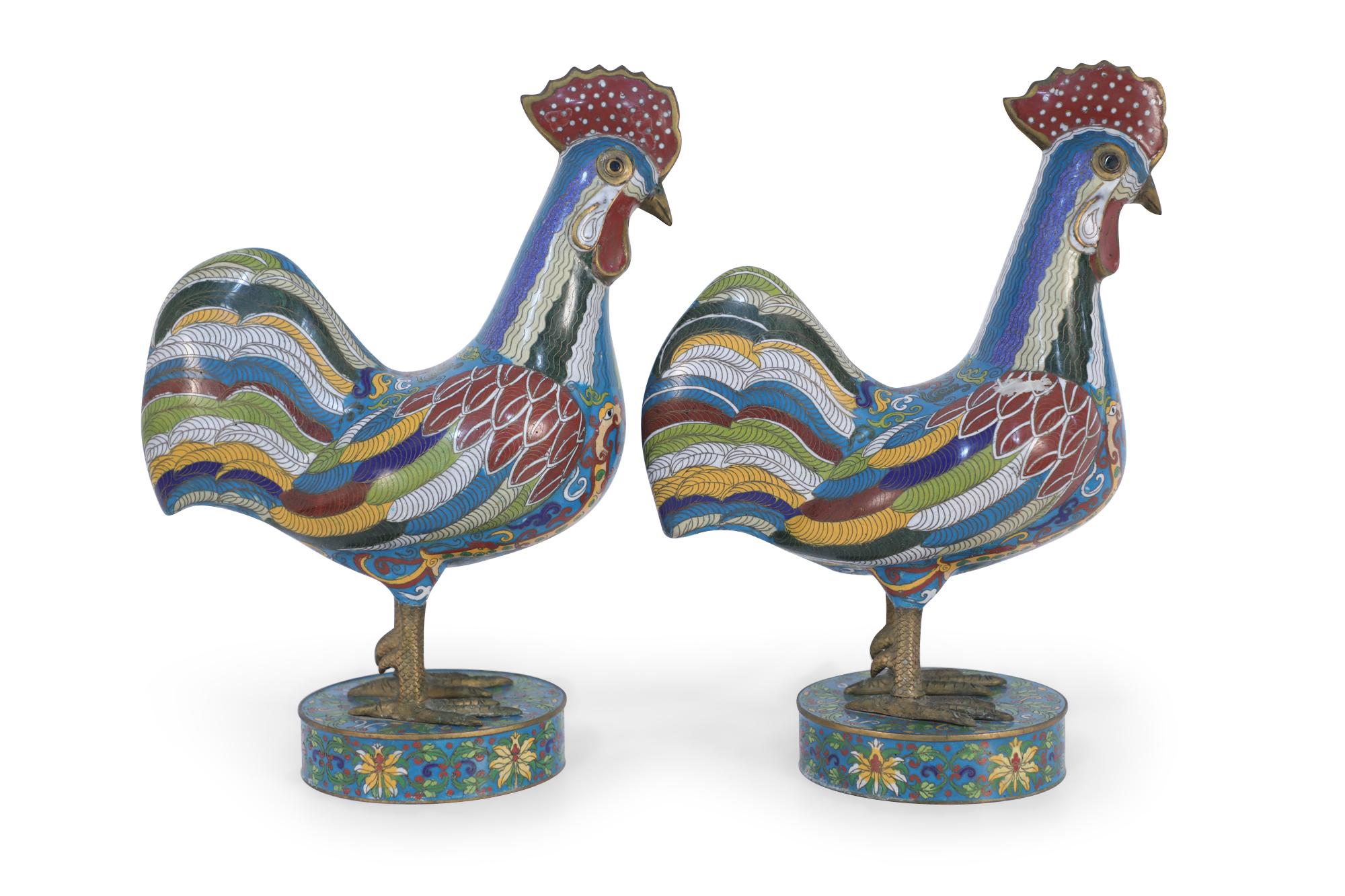 Pair of Early 20th Century Chinese Multi-Colored Cloisonne Rooster Sculptures For Sale 3