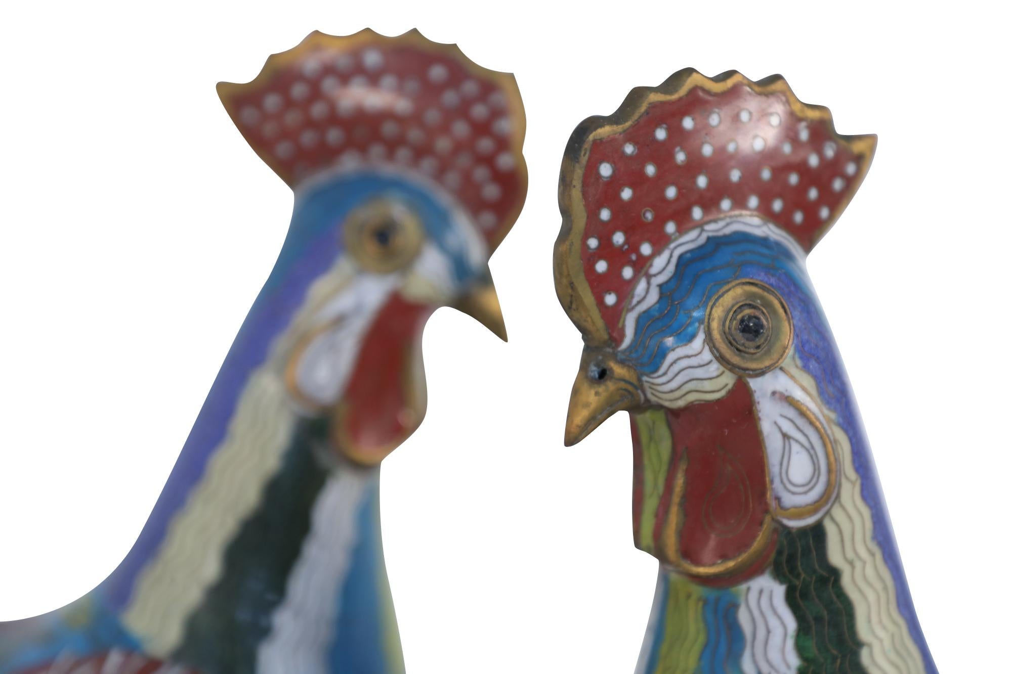 Pair of Early 20th Century Chinese Multi-Colored Cloisonne Rooster Sculptures For Sale 4