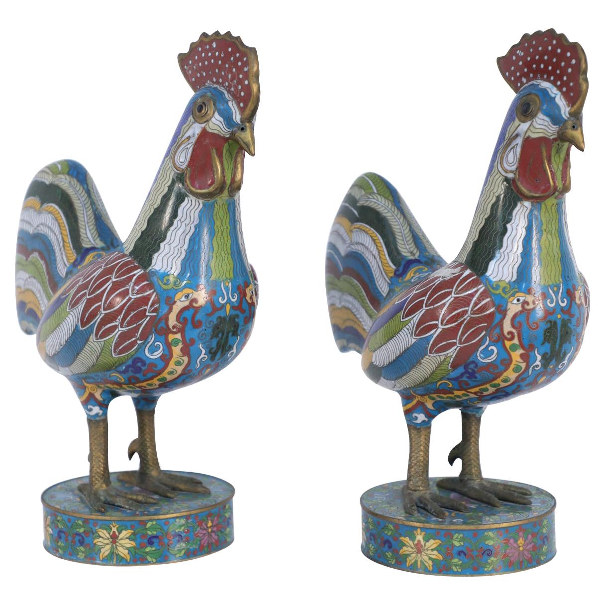 Pair of Early 20th Century Chinese Multi-Colored Cloisonne Rooster Sculptures