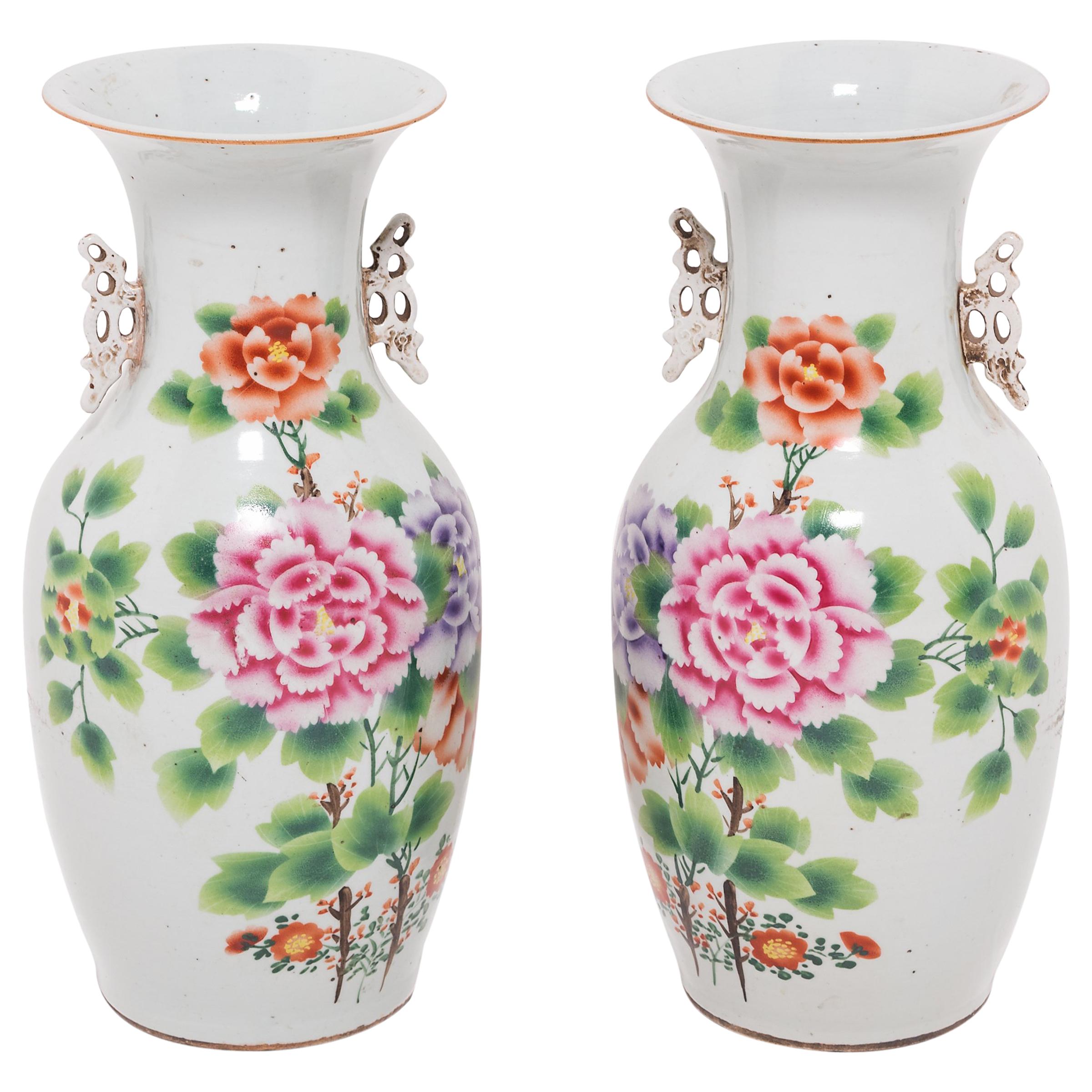 Pair of Chinese Peony Fantail Vases, c. 1920s For Sale