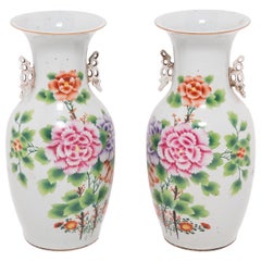 Antique Pair of Chinese Peony Fantail Vases, c. 1920s