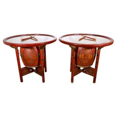 Antique Pair of Early 20th Century Chinese Polychrome Gilt Decorated Red Drum Tables
