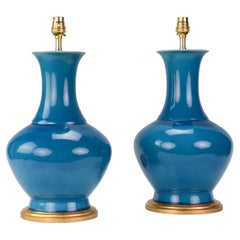 Pair of Early 20th Century Chinese Turquoise Porcelain Table Lamps