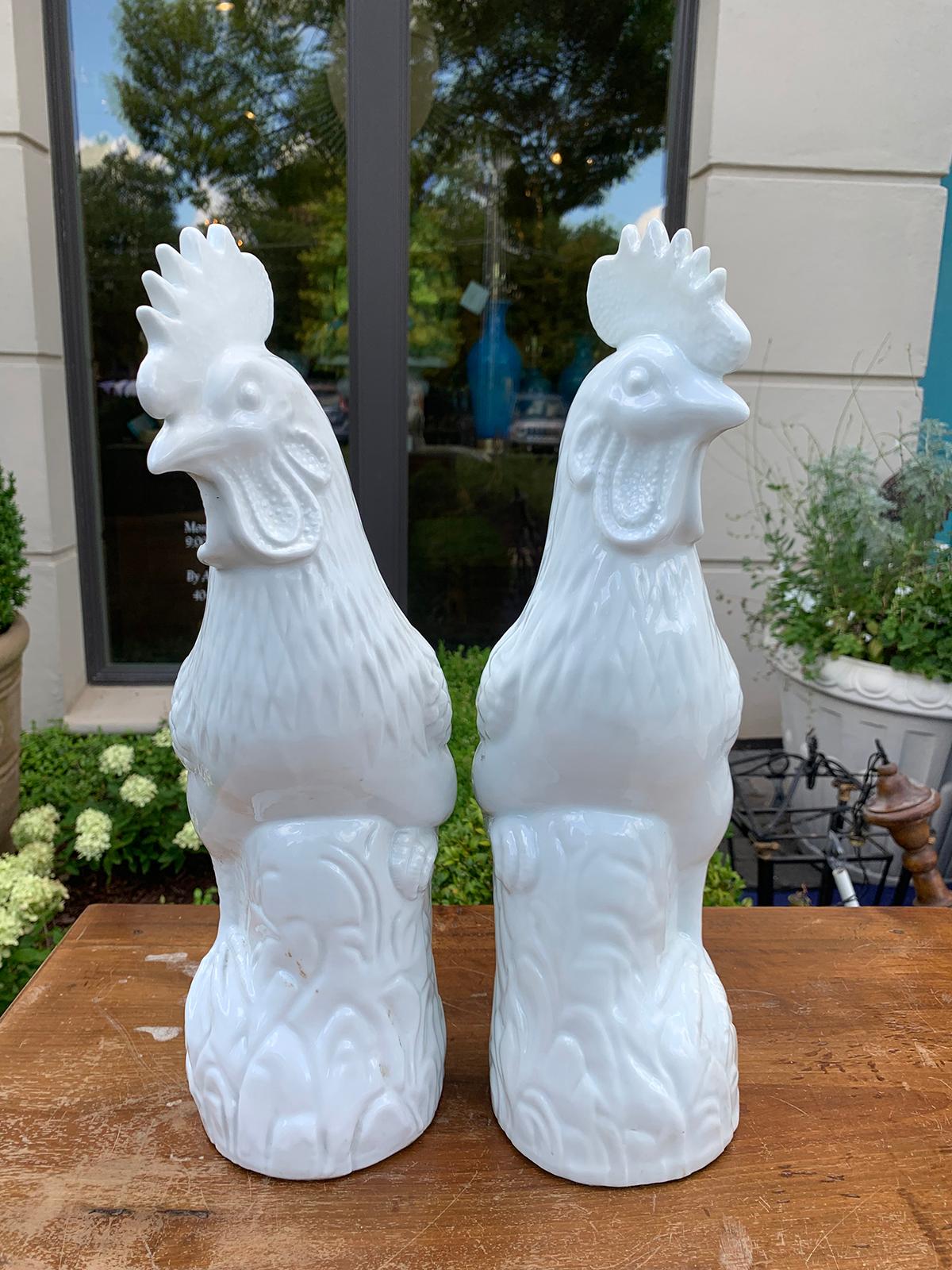 Pair of Early 20th Century Chinese White Porcelain Roosters, Marked For Sale 3