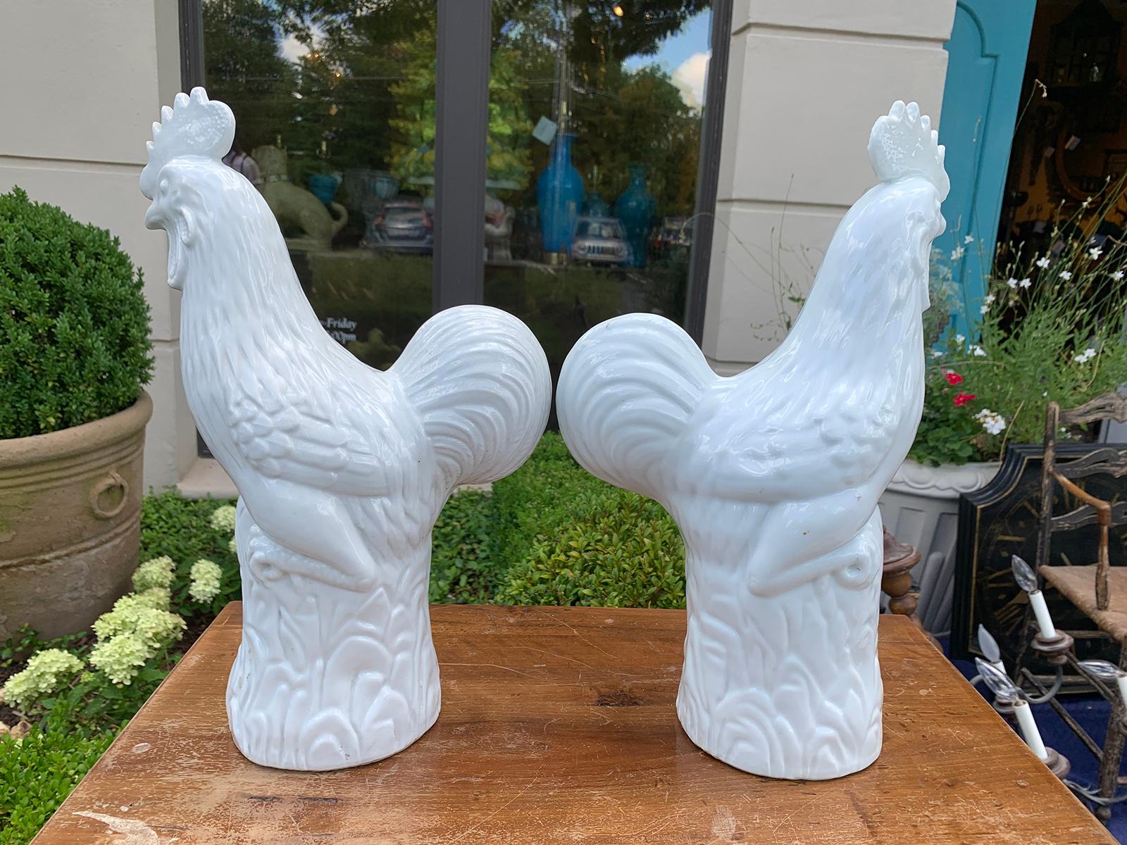 Pair of Early 20th Century Chinese White Porcelain Roosters, Marked For Sale 4