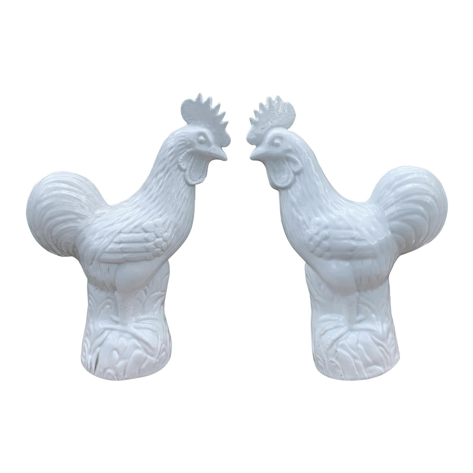 Pair of Early 20th Century Chinese White Porcelain Roosters, Marked For Sale