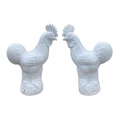 Pair of Early 20th Century Chinese White Porcelain Roosters, Marked
