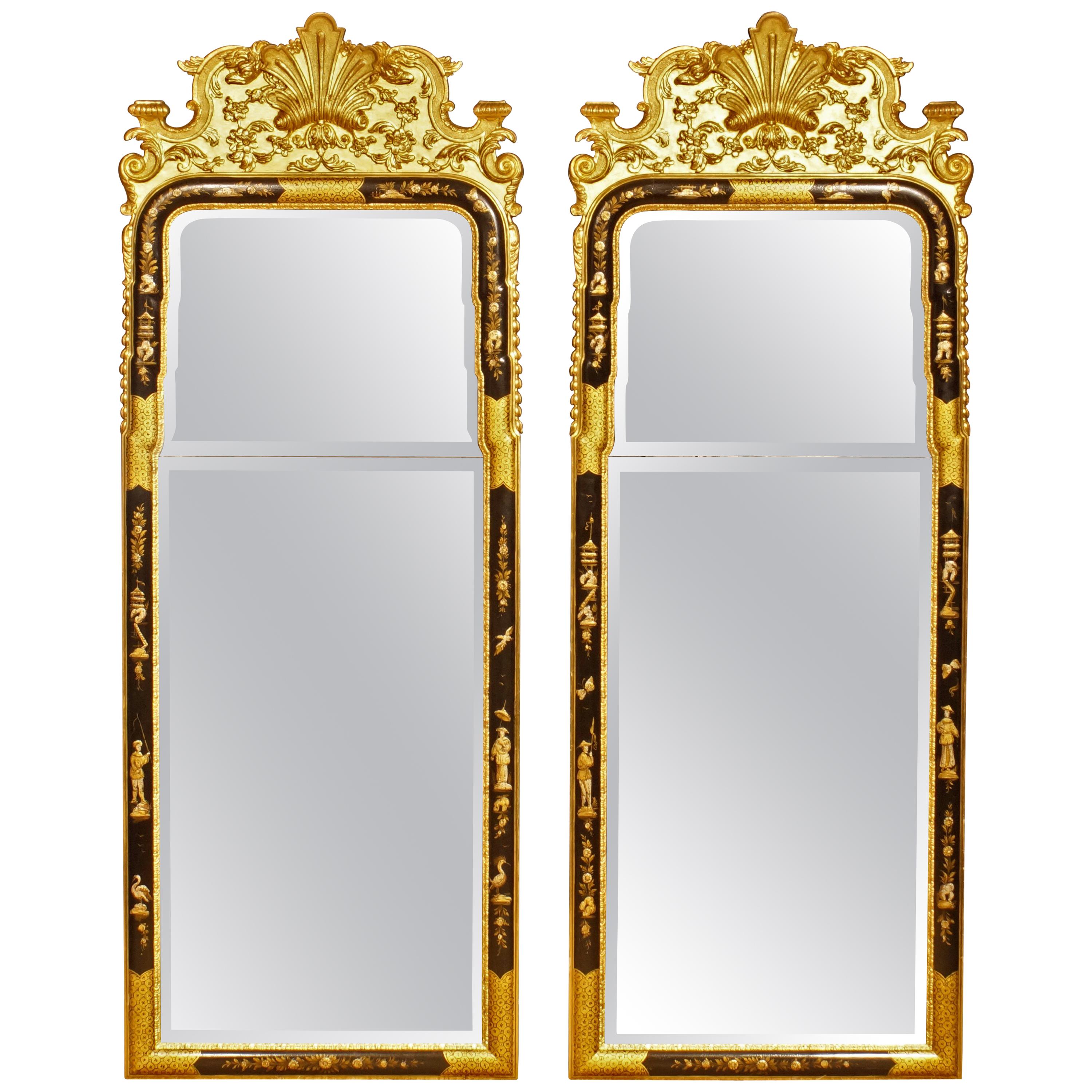 Pair of Early 20th Century Chinnoiserie Framed Mirrors in the Queen Anne Style For Sale