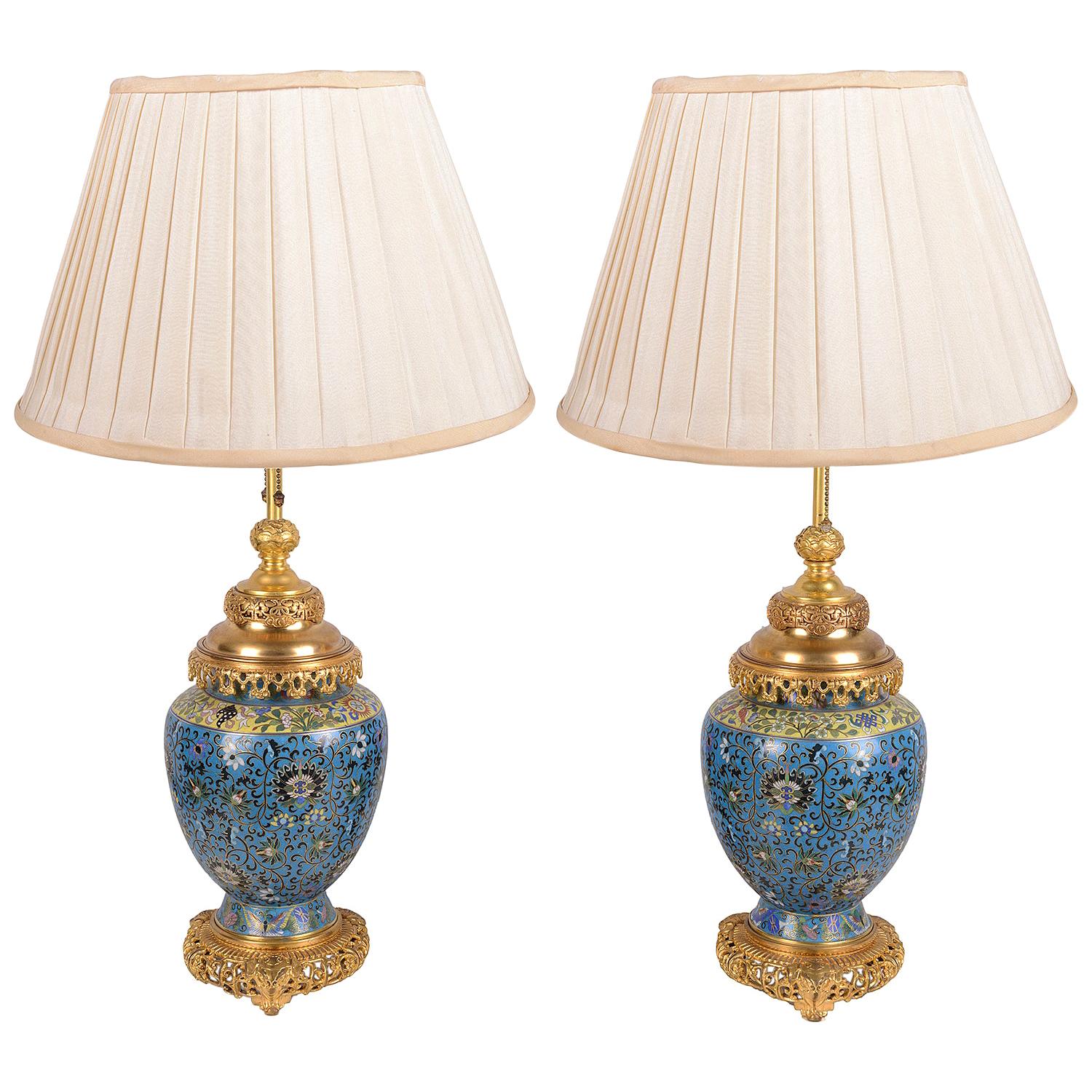 Pair of Early 20th Century Cloisonné Vases / Lamps For Sale