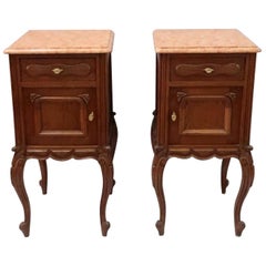 Antique Pair of Early 20th Century Continental Oak Bedside Cabinets with Marble Tops