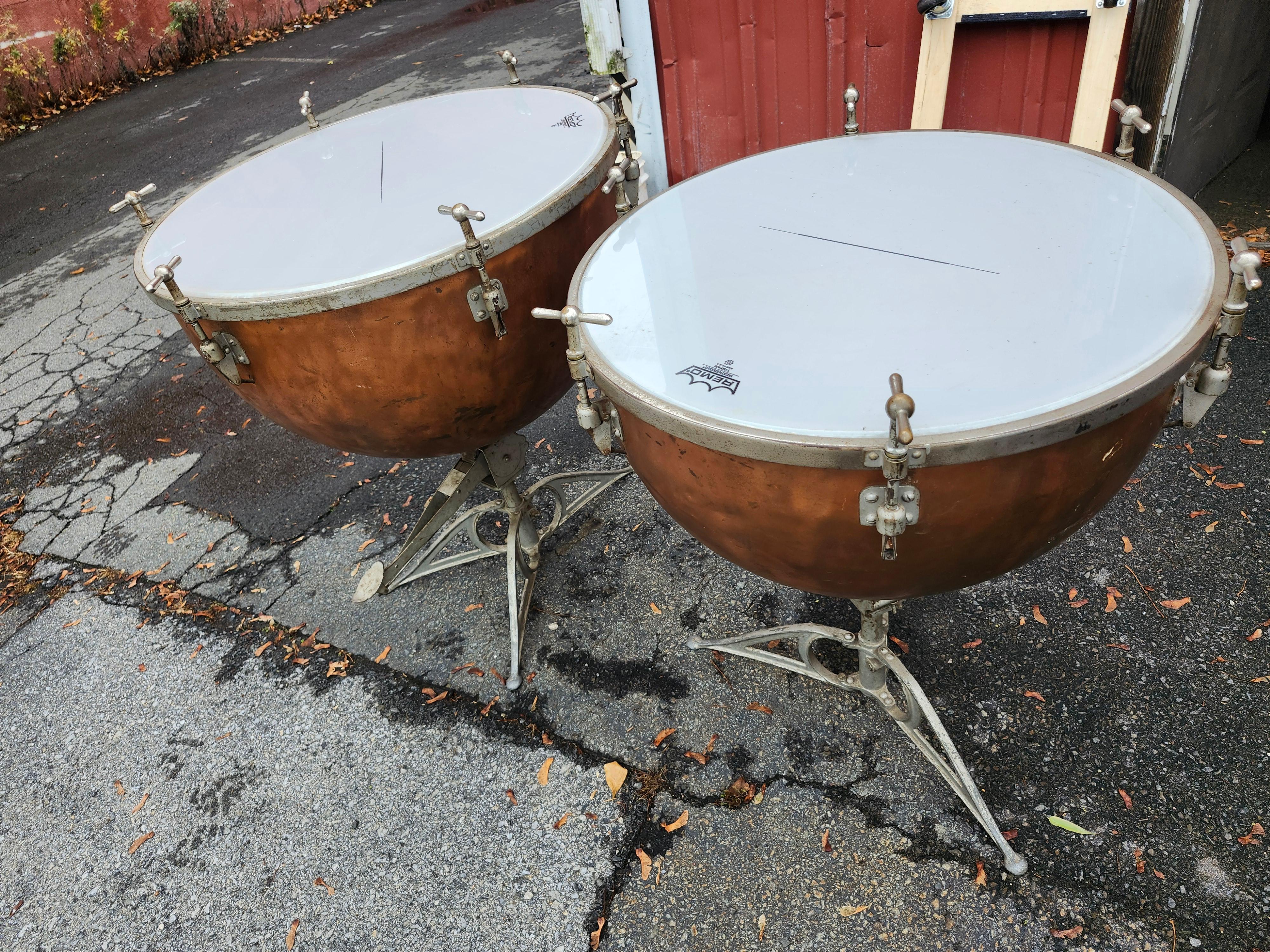 Pair of Early 20th Century Copper Kettle Timpanis Tables by Leedy Manufacturing In Good Condition For Sale In Port Jervis, NY