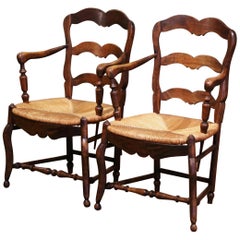 Pair of Early 20th Century Country French Ladder Back Armchairs with Rush Seat