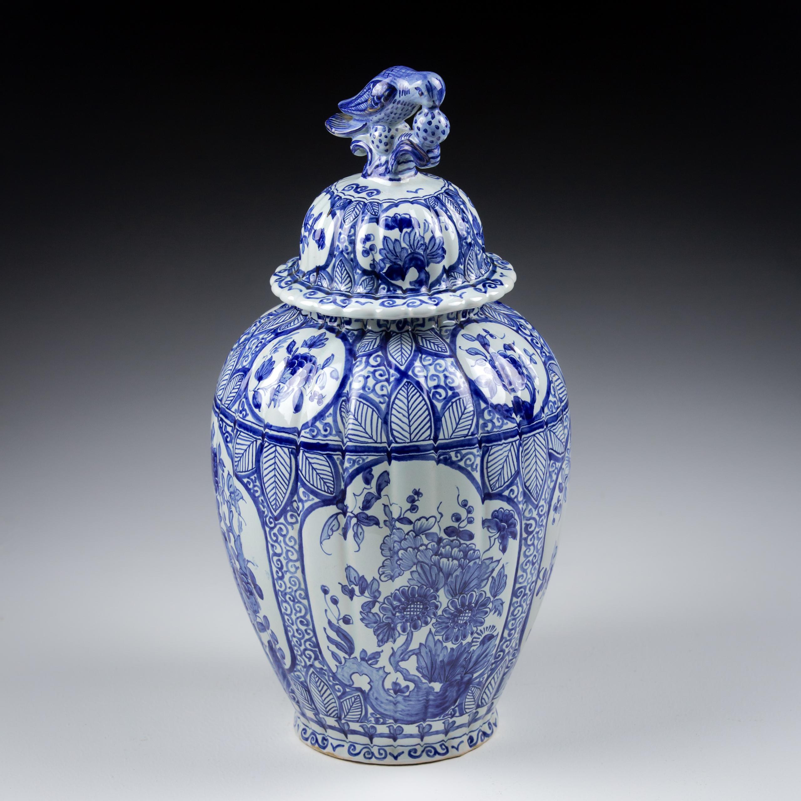 Glazed Pair of Early 20th Century Covered Delft Desvres Vase For Sale