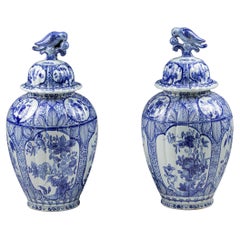 Antique Pair of Early 20th Century Covered Delft Desvres Vase