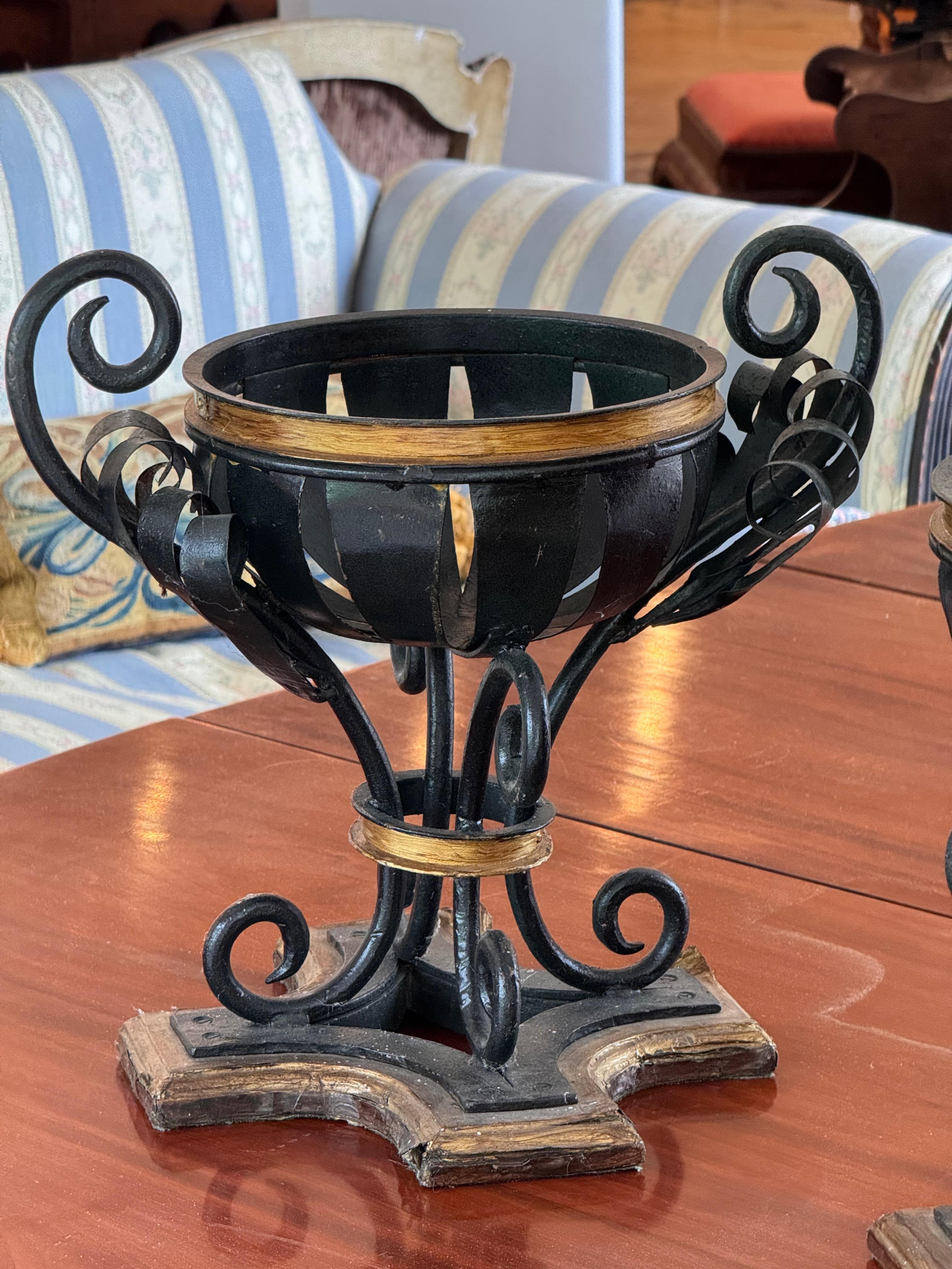 French Pair of Early 20th Century Decorative Metal Urns With Scrollwork For Sale