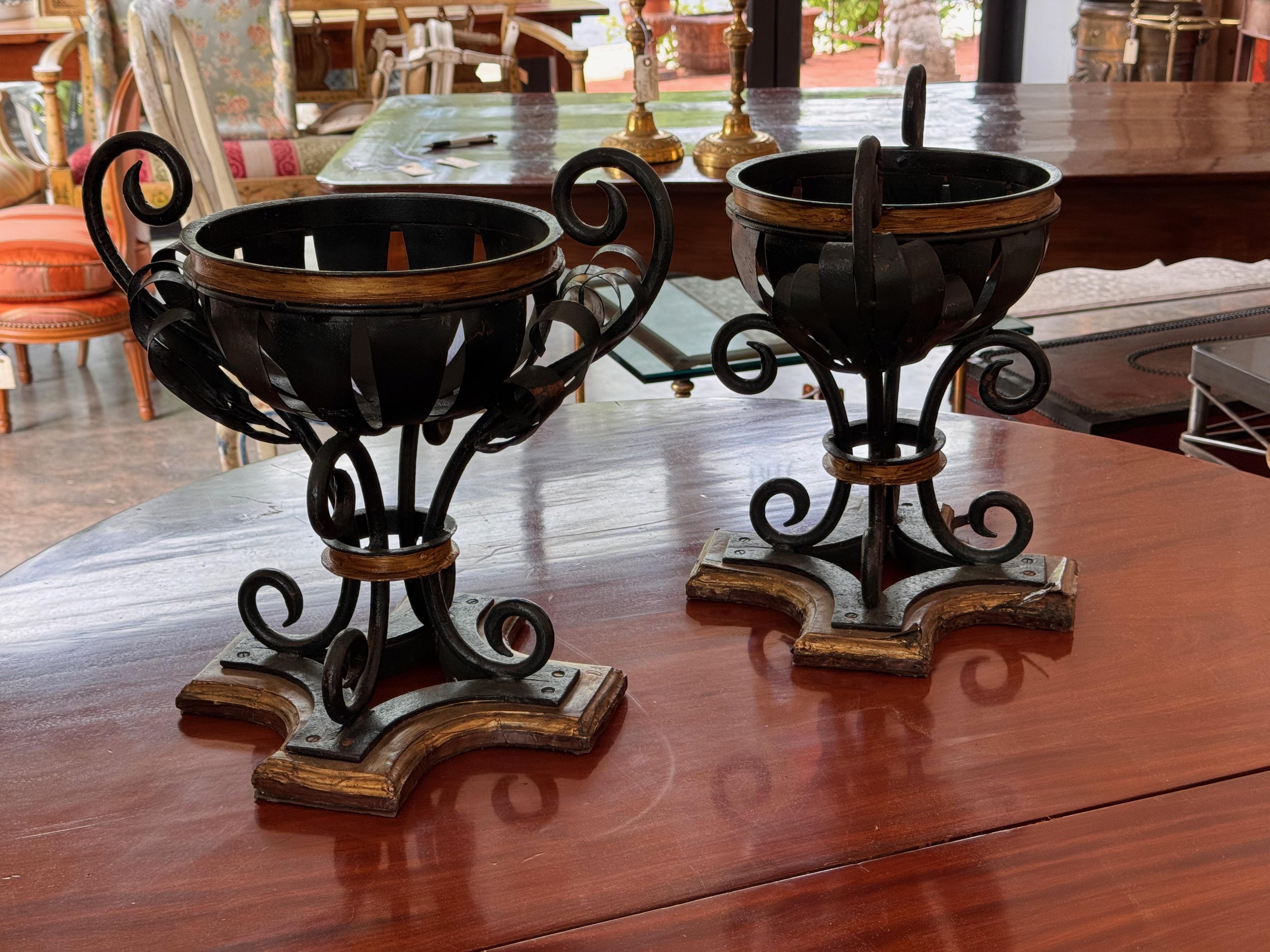 Pair of Early 20th Century Decorative Metal Urns With Scrollwork For Sale 4