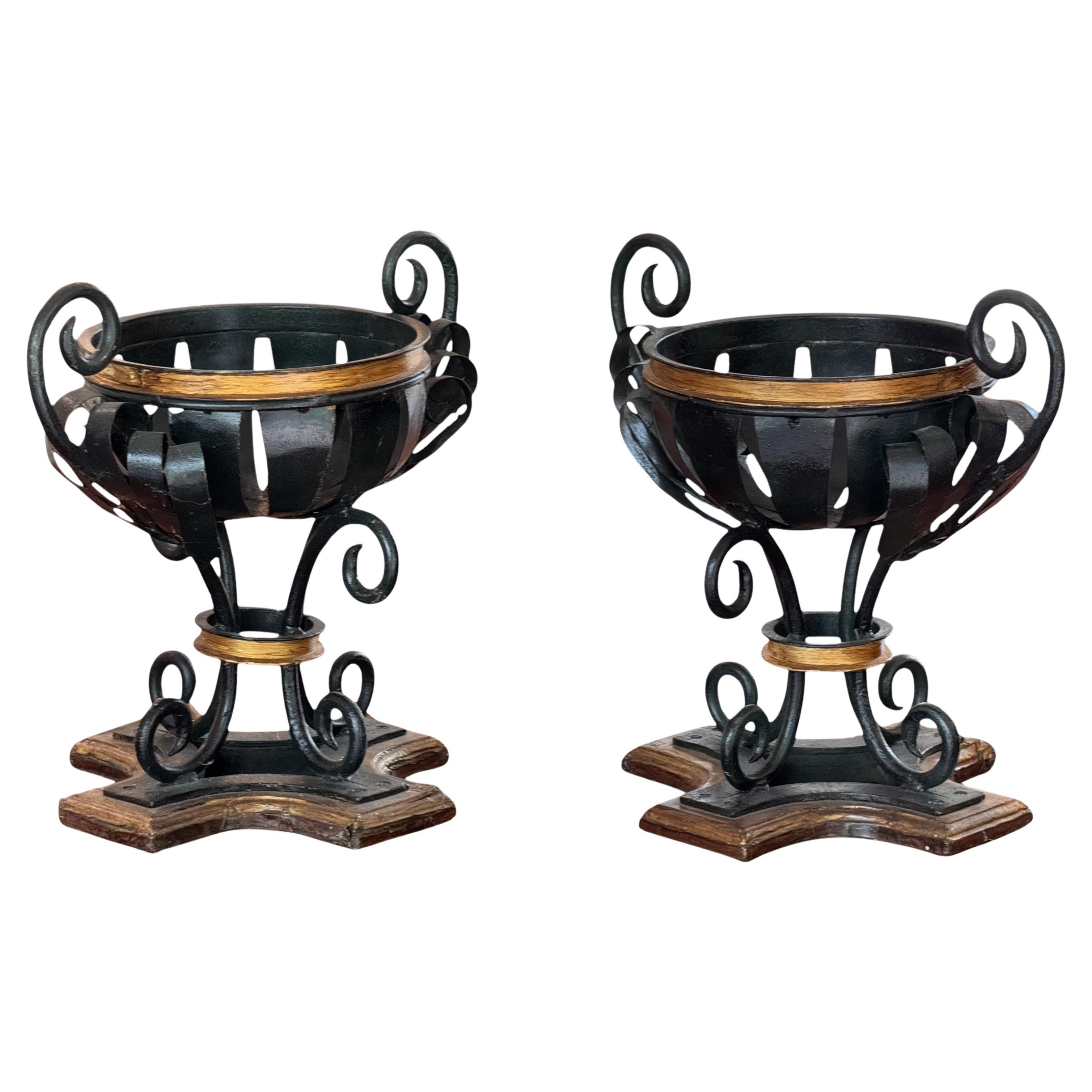 Pair of Early 20th Century Decorative Metal Urns With Scrollwork