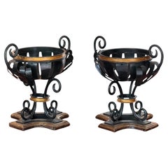 Antique Pair of Early 20th Century Decorative Metal Urns With Scrollwork