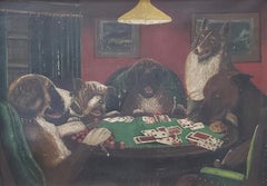 Pair of Early 20th Century "Dogs Playing Poker" Original Oil Paintings