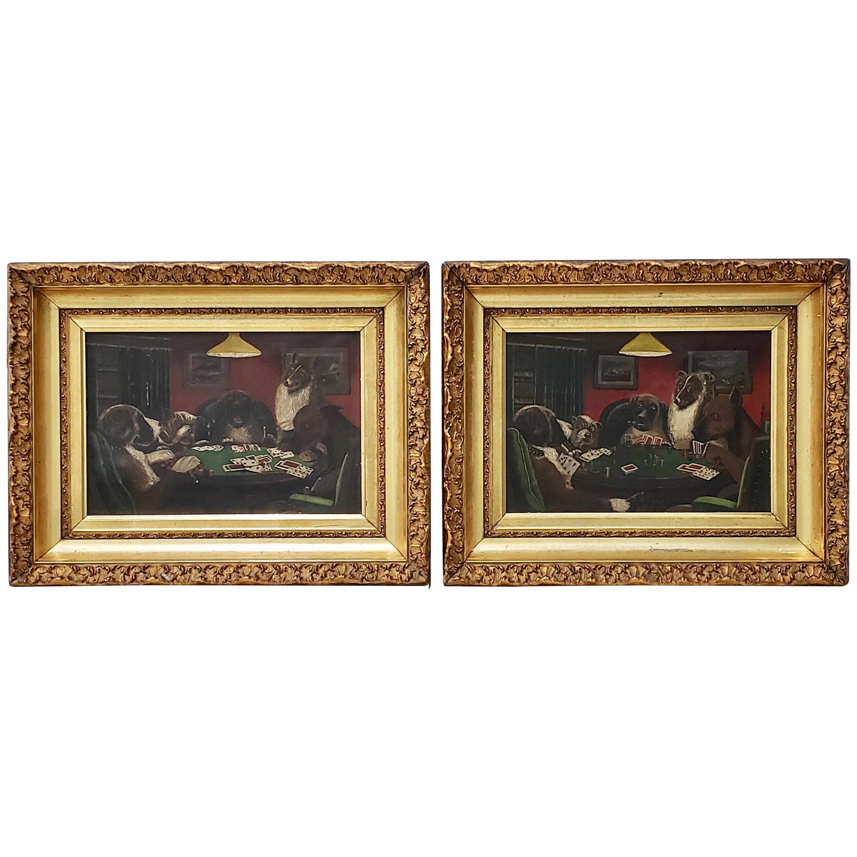 Pair of Early 20th Century "Dogs Playing Poker" Original Oil Paintings