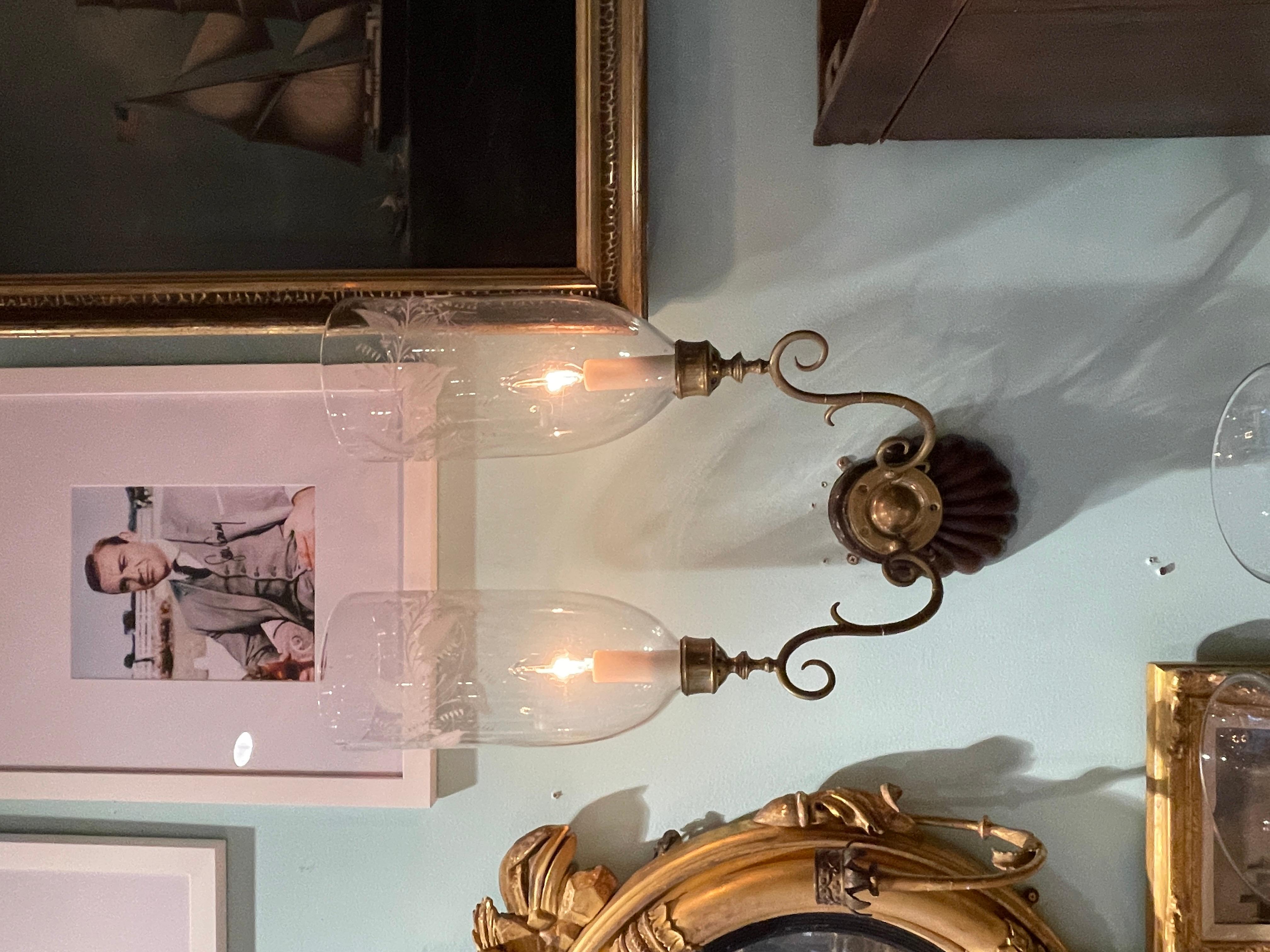 Pair of early 20th century double arm hurricane shade sconces In Good Condition In Charleston, SC