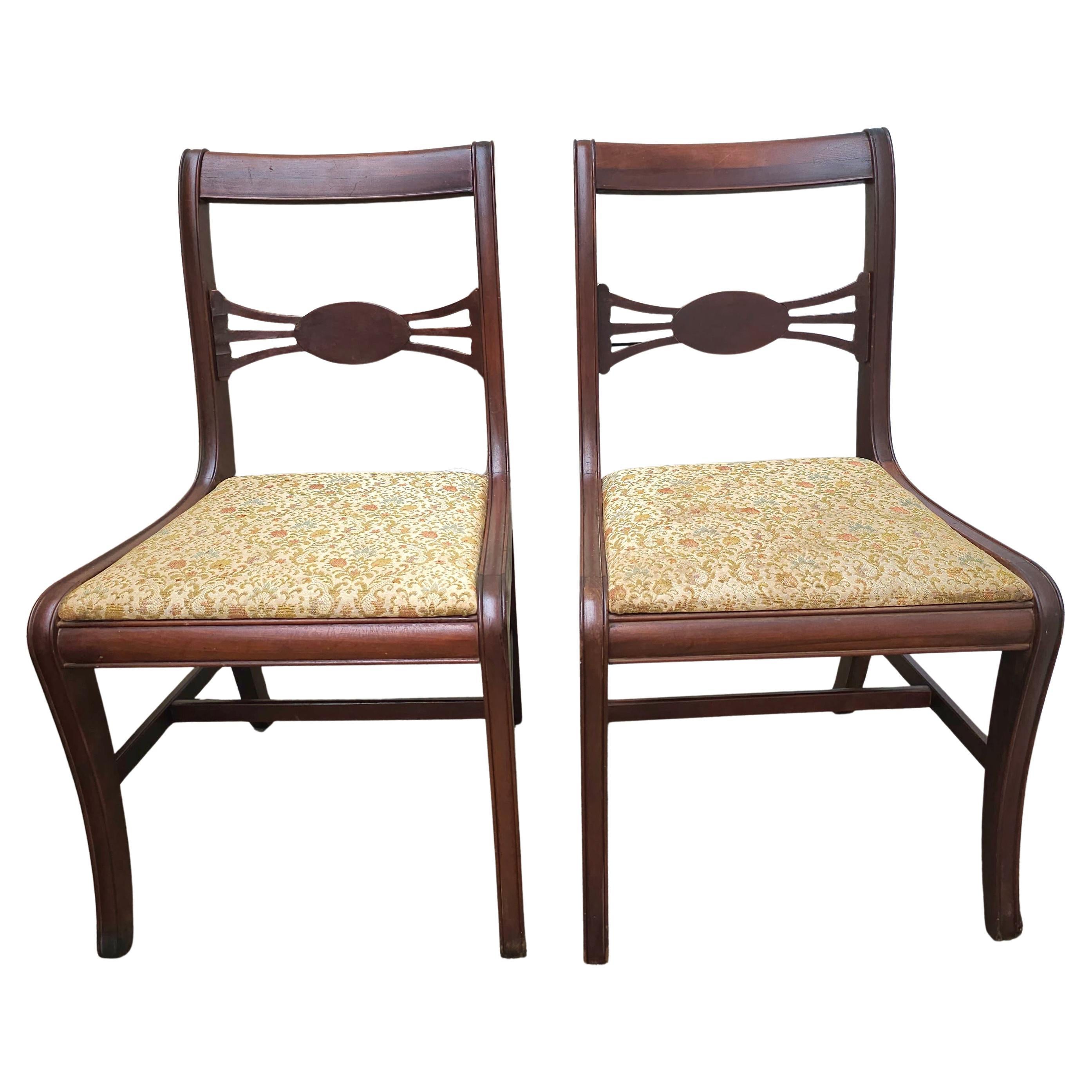 Pair of Early 20th Century Duncan Phyfe Style Mahogany & Upholstered Side Chairs