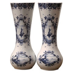 Pair of Early 20th Century Dutch Blue and White Fluted Faience Delft Vases